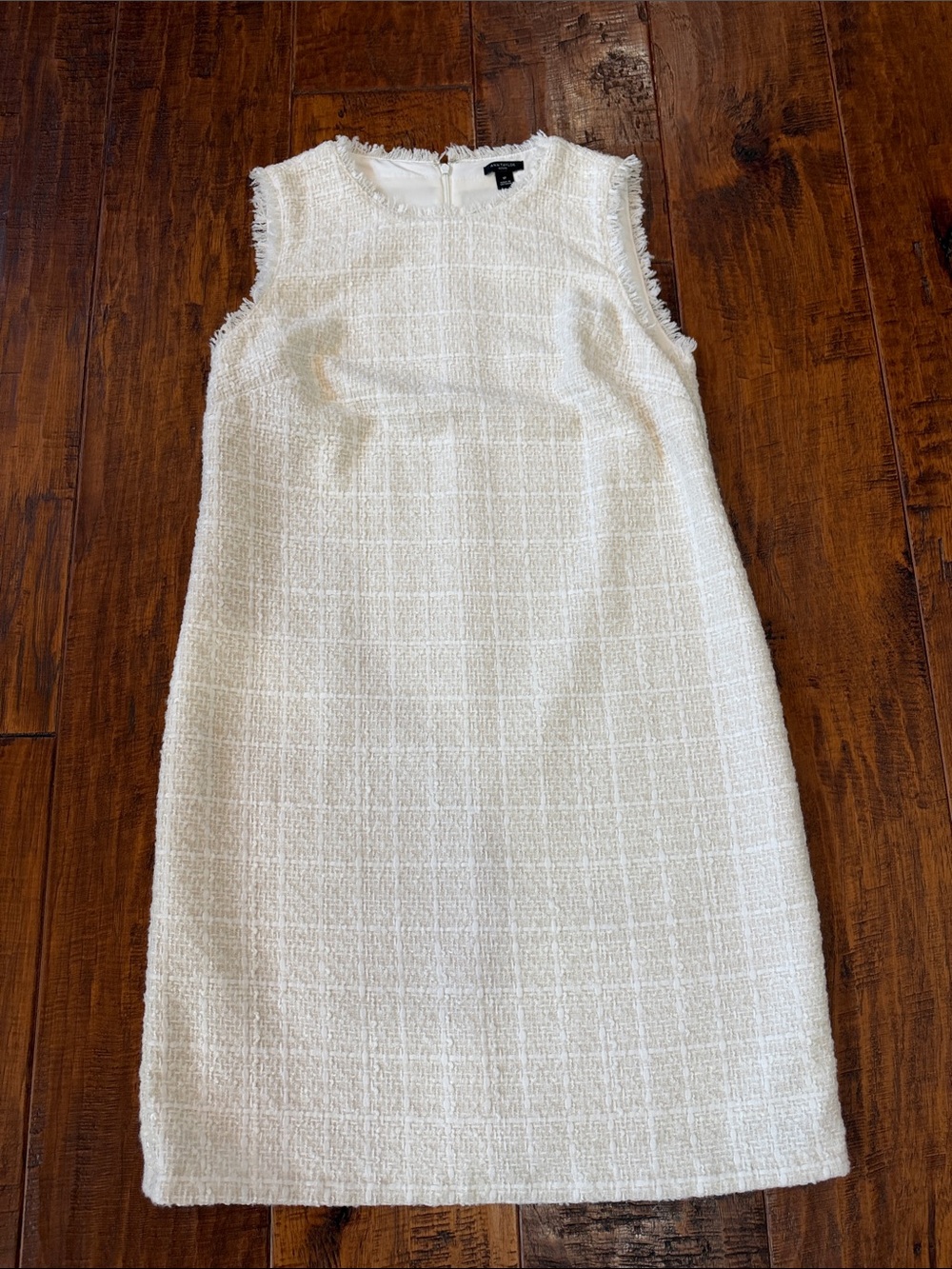 Ann Taylor Cream White Tweed Fringe Sleeveless Shift Dress 8P